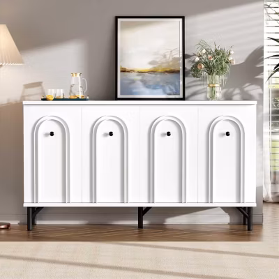 Buffet Moderne à 4 Portes, Multifonctionnel Armoire avec étagères réglables et Espace de Rangement,140x34x78cm,Blanc