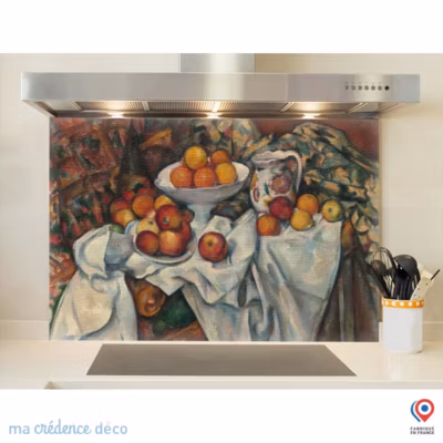 Crédence cuisine fond de hotte Paul Cézanne, Pommes et oranges – Alu composite – L 90 cm x H 50 cm – MaCrédenceDéco