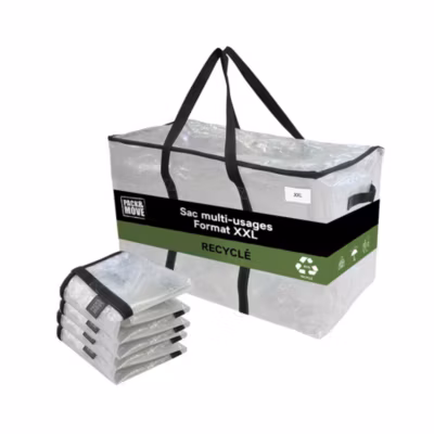 Lot 4 grands sacs déménagement transparent, rangement et transport ultra résistant – Réutilisable – Poignées solides – 100L