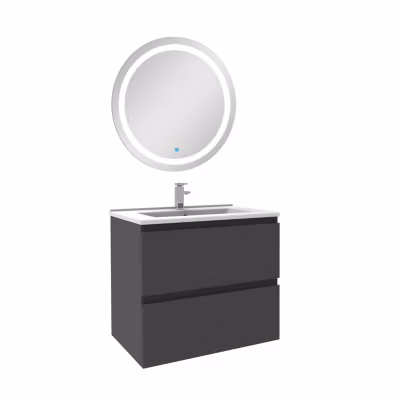 Ensemble meuble Salle de Bain 60cm Anthracite simple vasque + miroir lumineux rond