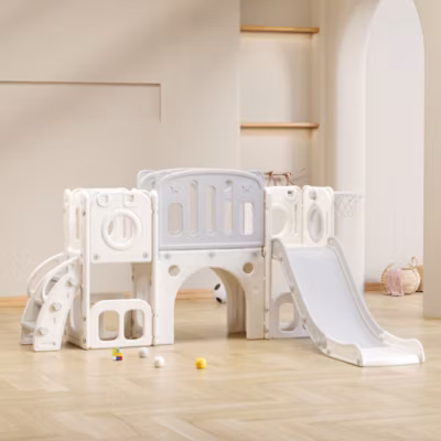 Toboggan 6 en 1 en PEHD pour enfant, avec plate-forme, escalier, 2 zondes de rangement, arcade, panier de basket, gris