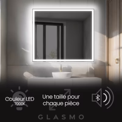 Miroir avec LED Illumination Salle de Bain – Aurora, 90×50 cm, Blanc Froid 7000K, Haut-parleur Bluetooth