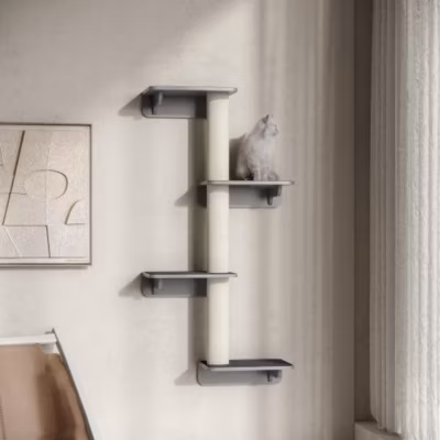 Arbre à chat mural PawHut 137 cm en bois clair et tissu beige à fixer au mur pour chats actifs