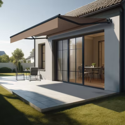 Store banne loggia LOCUS 4,00×2,00m (Motorisé à Télécommande – Taupe – Gris anthracite)