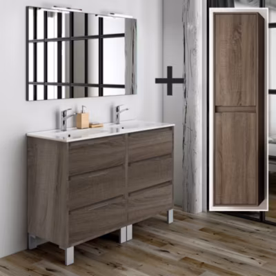 Ensemble meuble de salle de bain 120cm double vasque + colonne de rangement TIRIS – britannia (chêne foncé)
