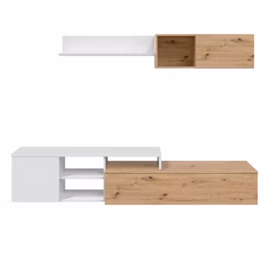 Ensemble meuble tv + étagère murale en mélamine coloris naturel blanc artik
