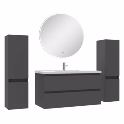Ensemble meubles Salle de Bain avec colonne + miroir rond mural 100cm meuble Anthracite