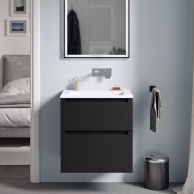 Meuble vasque suspendu MDF Noir mat, lavabo fonte Blanc mat sans trou robinet, tiroirs pivotants – 60x46x62cm – VIREO