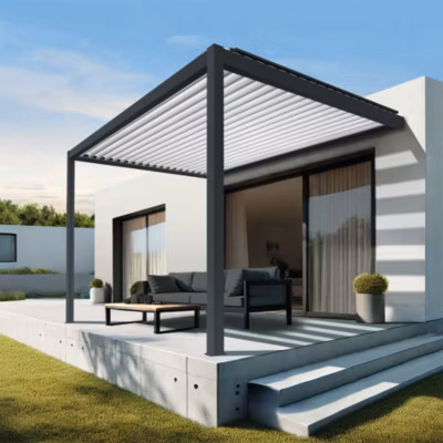 Pergola bioclimatique Xenon (Vérin à Télécommande – Gris anthracite / Blanc – 4,00 x 4,130m)