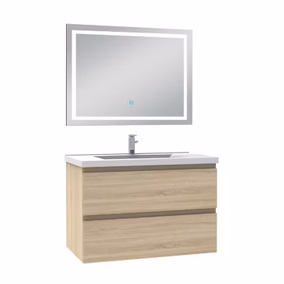 Ensemble meuble Salle de Bain 80cm Chêne Wotan simple vasque et miroir lumineux 3 couleurs et dimmable