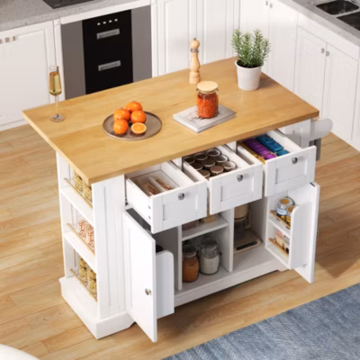 Îlot de Cuisine Mobile avec Table Pliante et Prise Intégrée, desserte avec Tiroir et Étagères – Blanc – 132×40-70×87 cm