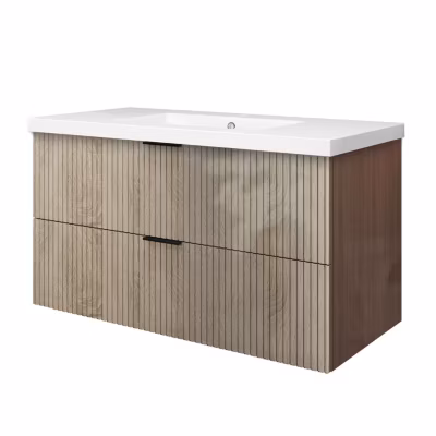 Meuble de salle de bain suspendu 100 cm, 2 tiroirs, avec vasque,MDF chêne brillant