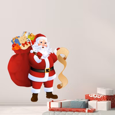 Sticker Noël le Père Noël et sa liste de cadeaux – Autocollants stickers adhésifs noël – décoration fêtes – 130x110cm