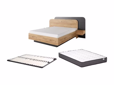 Lit avec chevets 160 x 200 cm – Avec LEDs – Coloris : Naturel et anthracite + Sommier + Matelas – DESADO