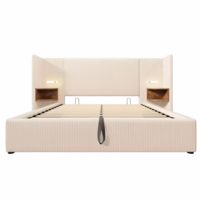 Lit rembourré double 160 x 200 cm, table de chevet, lampe de lecture, USB, beige, Blackcolors