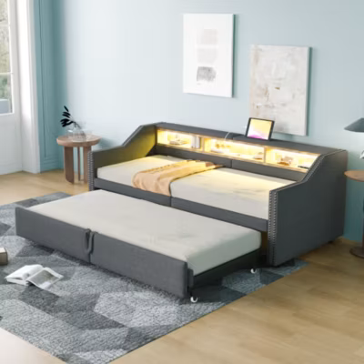 Canapé 3 places convertible 200x90x85 cm avec couchage 140×190 cm en tissu et coffre, design contemporain