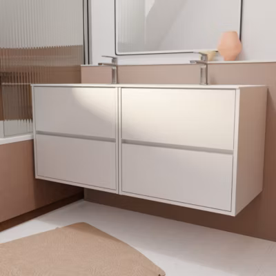 Pack Meuble Salle de Bains 120 cm Laque Blanc, 4 tiroirs avec Vasque Céramique – XENOS
