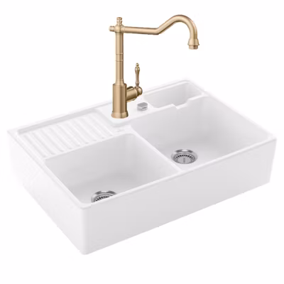 Evier VILLEROY ET BOCH Timbre d&rsquo;office Tradition 2 bacs vidage auto + Robinet de cuisine Avia 2.0 Or Mat