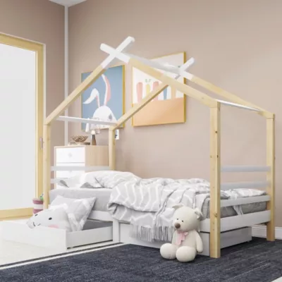 Lit 90×200 cm en forme de maison avec tiroirs intégrés, structure pin massif et panneaux MDF, style moderne