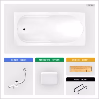 Baignoire rectangulaire – 170 x 70 cm – sans Habillage – avec Pieds – Repose-tête – Étagère bambou – Vidage Chrome – BONA
