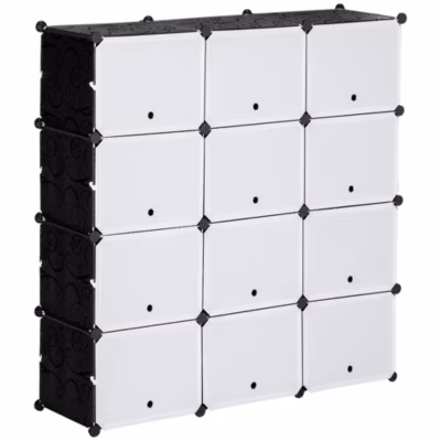 Meuble à chaussures 125 cm, 12 cubes modulables et portes amovibles en plastique noir, style contemporain