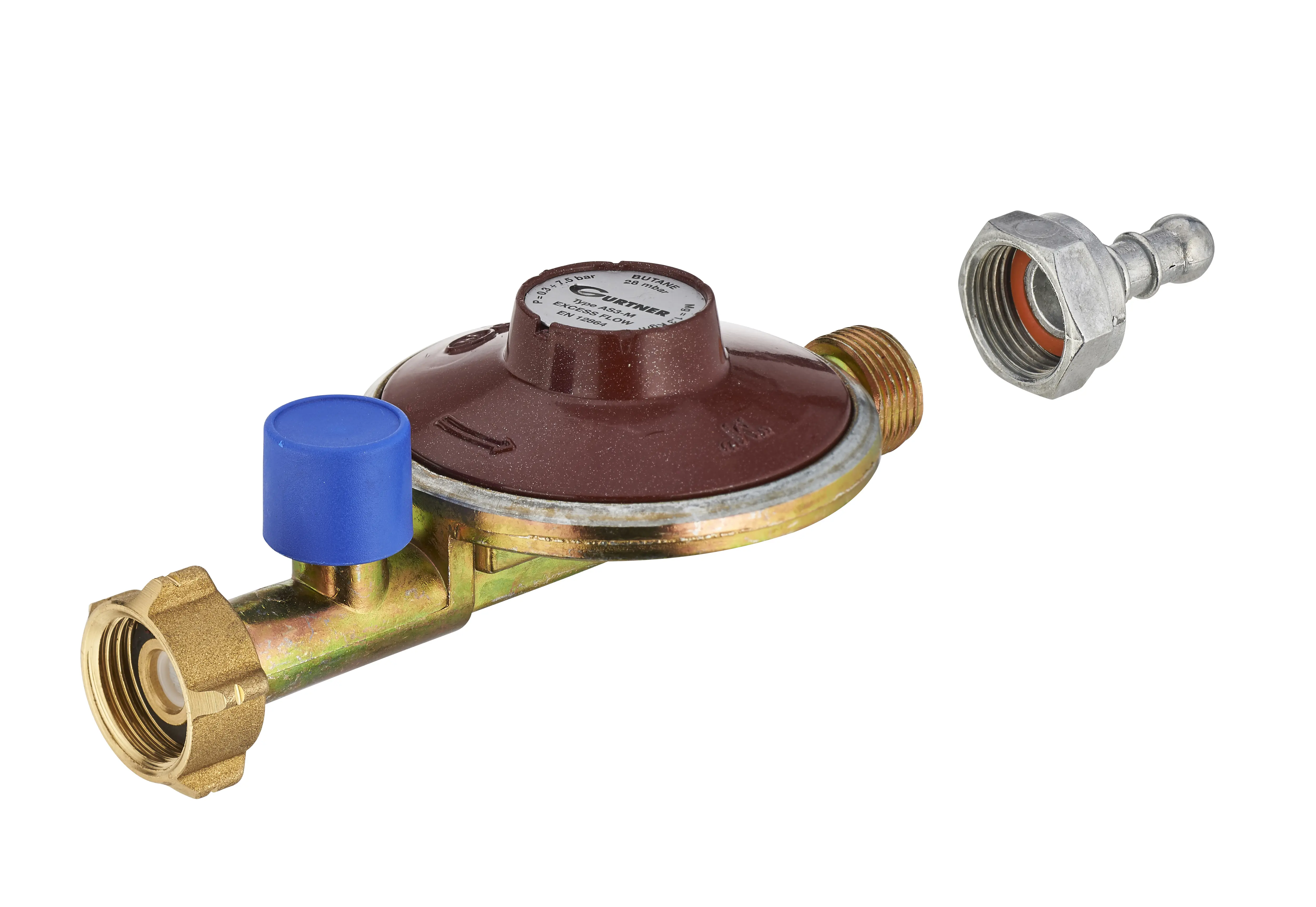 Détendeur butane avec sécurité – Ecrou bouteille Mâle 20×150 avec tétine