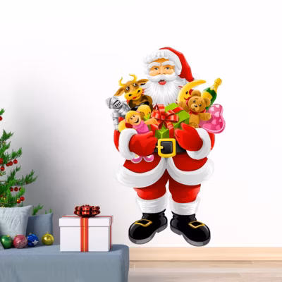 Sticker Noël le Père Noël apporte les cadeaux – Autocollants stickers adhésifs noël – décoration fêtes – 100x60cm