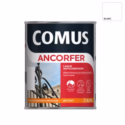 ANCORFER BRILLANT 0,75L Blanc  – Peinture-laque antirouille pour métaux et autres supports – COMUS