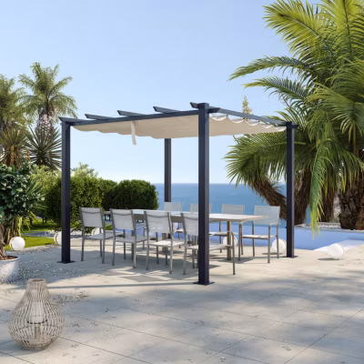 Tonnelle/Pergola aluminium 3x3m toile coulissante rétractable – Gris / Ecru – OHIO