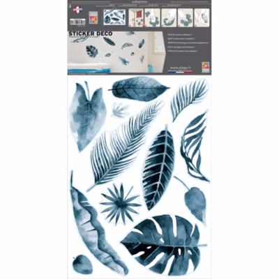 Sticker mural décoratif tropical, feuilles bleues aquarelle, 68 cm X 48 cm, décoration intérieure