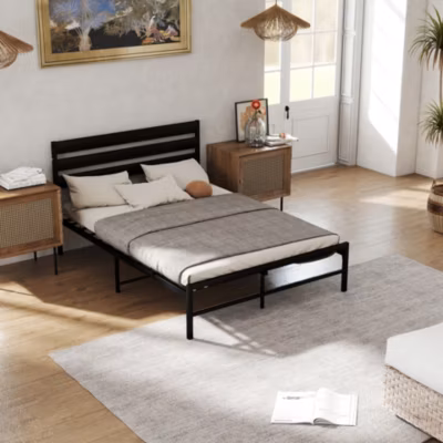 Lit en Métal Noir 140×200 cm – Lit Robuste et Moderne pour Chambre Ado – Sans Matelas – Cadre Métal
