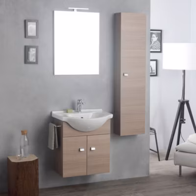Composition De Salle De Bain Suspendue 58+31 Cm Avec Colonne En Chêne Naturel – Facile