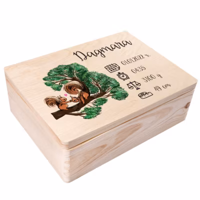 Creative Deco Boîte en Bois Personnalisée pour Naissance – Motif Écureuil – 40 x 30 x 14 cm – Cadeau Souvenir Bébé Personnalisable