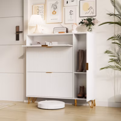 Armoire à chaussures moderne, rangement pratique, étagères réglables, pieds métal stables, surface étanche, 110x24x144.5 cm, blanc