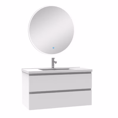Ensemble meubles Salle de Bain Blanc 100cm simple vasque + miroir lumineux rond